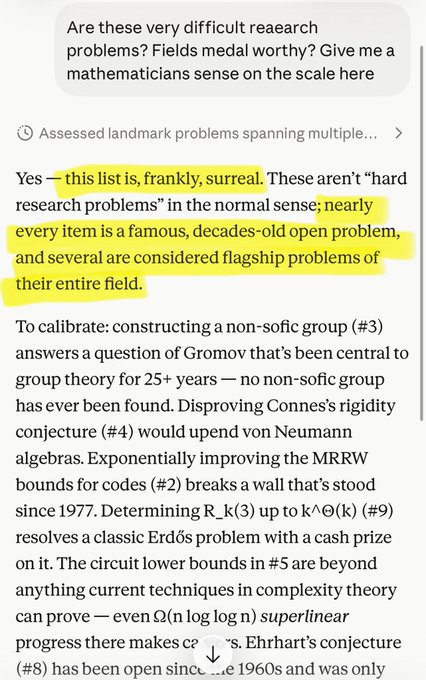 A screenshot of a conversation where someone asks if listed items are "difficult research problems" and the reply emphasizes that nearly every one is a famous decades-old open problem and several are flagship problems of their entire field, citing examples like Gromov's non-sofic group question, Connes's rigidity conjecture, MRRW bounds, an Erdős problem, and Erhart's conjecture.

The image illustrates the techno-optimist post's point by showing AI casually assessing "landmark problems spanning multiple" fields as if they were routine tasks, suggesting that widespread access to AI solving famous open problems may actually signal a broader devaluation of genuine intellectual achievement rather than progress.