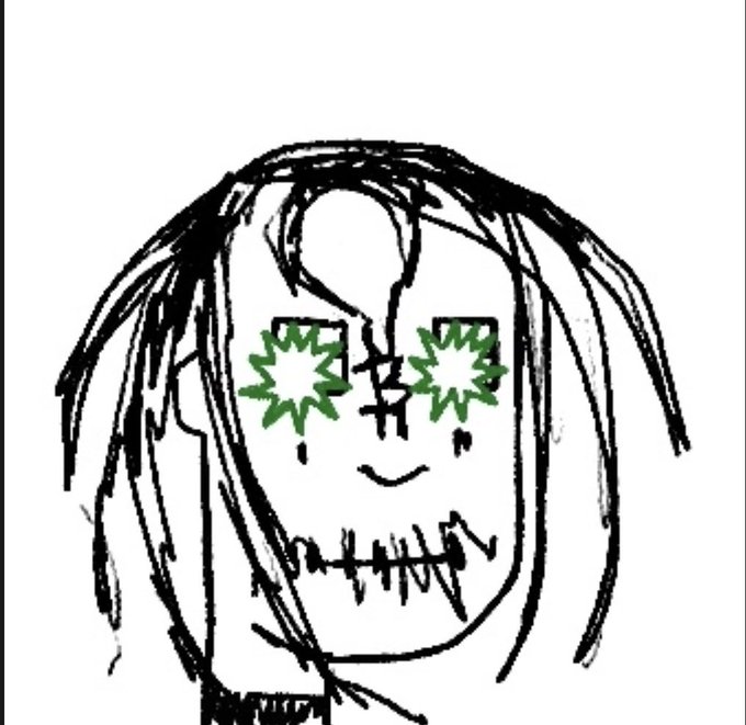 A hand-drawn, sketchy portrait of a person with long hair, a wide jagged grin, and bright green starburst eyes, fitting the post's "My first OMB" (Original My Beloved/OC meme) debut, as the chaotic, gleeful expression and shaky linework match the enthusiastic, self-aware tone of someone sharing a new original character for the first time.