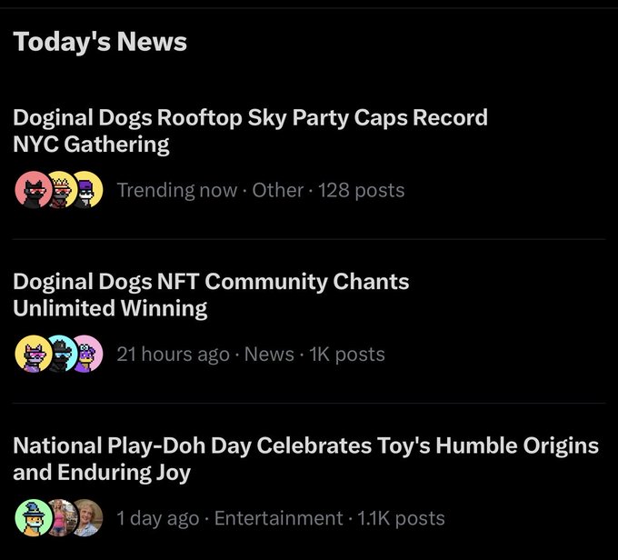 A 'Today's News' feed showing headlines including 'Doginal Dogs Rooftop Sky Party Caps Record NYC Gathering' and 'Doginal Dogs NFT Community Chants Unlimited Winning'.
