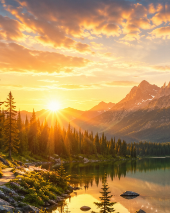 A vibrant sunset over a mountain landscape, with the sun setting behind pine trees and reflecting beautifully on a calm lake.
