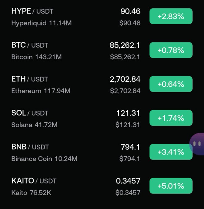 A cryptocurrency price list shows HYPE (Hyperliquid) at $90.46 (+2.83%), BTC at $85,262.1 (+0.78%), ETH at $2,702.84 (+0.64%), SOL at $121.31 (+1.74%), BNB at $794.1 (+3.41%), and KAITO at $0.3457 (+5.01%), all quoted versus Tether.