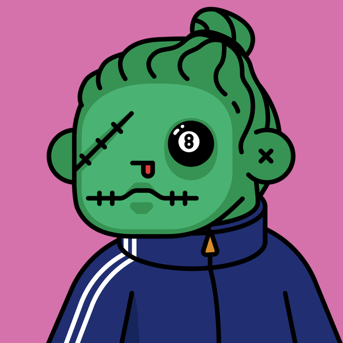 The image features a cartoon character with a green face wearing a blue jacket and has a bandage on their forehead. The character appears to be sad or upset, as indicated by their facial expression. The caption of the image reads "Thinking about parting with 1 of my secret rare 8-ball @deadfellaz ." This suggests that there might be an item in the image related to the character's name and possibly a connection between the character and the numbered ball.