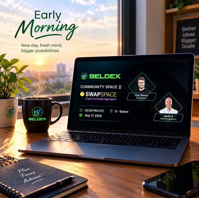 A promotional image for 'BELDEX' showing a workspace with a laptop displaying a 'COMMUNITY SPACE SWAPSPACE' announcement for Sep 17, 2026, alongside a branded coffee mug, notebook reading 'Plan Focus Achieve', and plants, with text 'Early Morning - New day, fresh mind, bigger possibilities'.