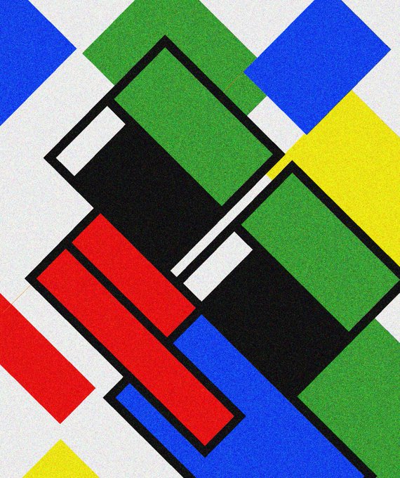 A geometric abstract artwork featuring overlapping rectangular shapes in primary colors—red, blue, green, and yellow—outlined in black.