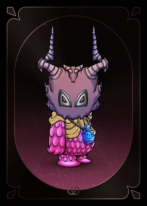 A stylized illustrated card features a purple horned creature wearing a pink feathered robe with gold armor, holding a blue "GG" pendant, representing the KodaPendant relic from the sold Koda #8942 NFT transaction.