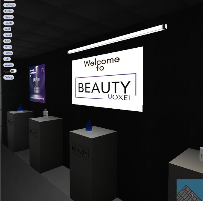 Screenshot from a virtual 3D environment showing a 'Welcome to BEAUTY voxel' gallery space with digital pedestals displaying bottles, with a menu of options including Settings, Avatar, Dance, Emote, Yeet, Build, and NFTs.
