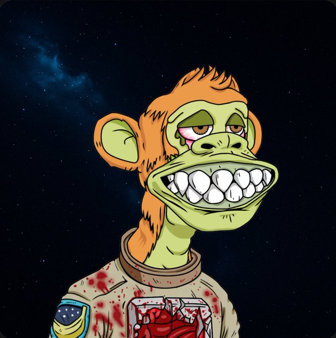A cartoon illustration of a monkey character with bloodshot eyes, wearing a blood-stained spacesuit, set against a dark starry background.