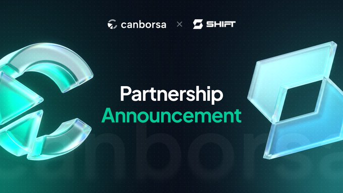 A partnership announcement graphic featuring the Canborsa and SHIFT logos with teal and blue 3D branding elements on a dark background.