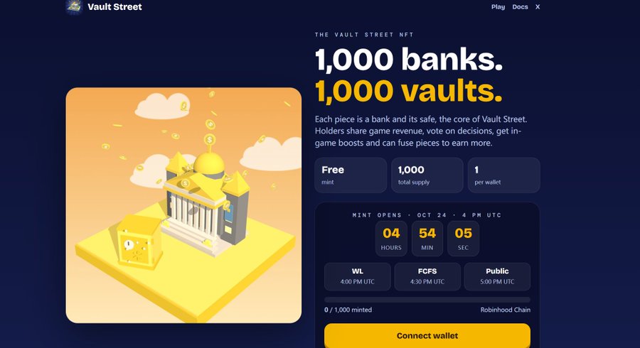 A Vault Street NFT webpage for “1,000 banks. 1,000 vaults.” displays a 3D yellow bank-and-vault illustration and mint details for “OCT. 24 · 4 PM UTC.”