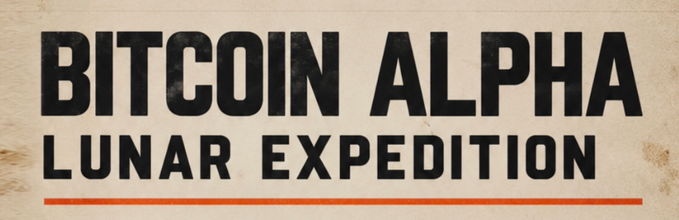 A stylized logo or title graphic reading 'BITCOIN ALPHA LUNAR EXPEDITION' in bold black letters on a textured tan background with an orange underline.