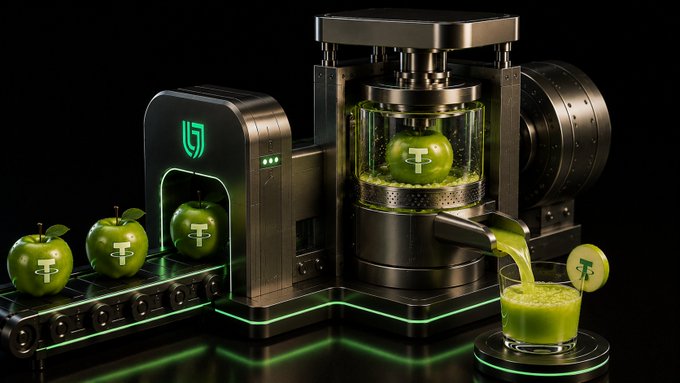 A 3D rendered machine pressing green apples branded with a 'T' symbol, producing green juice in a glass against a dark background.