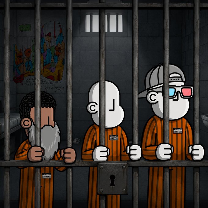 The image features three cartoon characters, two men and one woman, depicted behind a metal gate or cage with bars. The man on the left side of the image has a beard and appears to be wearing an orange jumpsuit. The middle character is white in color and also wears an orange jumpsuit. The person on the right side of the image is wearing a black hat and an orange jumpsuit, which matches the other two characters' outfits. The post includes text that reads "NPC devs: We said NPC goes to zero. It didn't. Now we're doing time for false promises. Good news: the art is still fire. Bad news: we'r posting from prison." This message seems to be related to the cartoon characters, as they are depicted in a prison setting with bars and a cage-like structure.