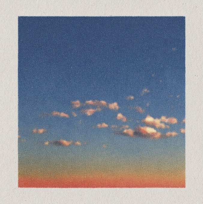 A grainy, Polaroid-style photograph showing a twilight sky with scattered clouds tinged with pink against a deep blue and orange horizon.
