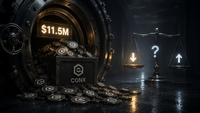 A digital artwork shows a vault filled with coins marked with a 'C' logo and labeled 'CONX', with '$11.5M' displayed on a screen, alongside scales of justice with up and down arrows.