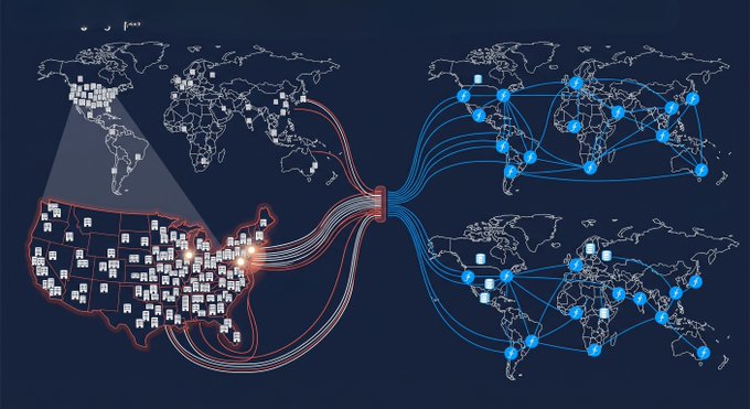 An infographic world map showing red data lines connecting the United States (highlighted) to various global destinations marked with blue circles and white square nodes.