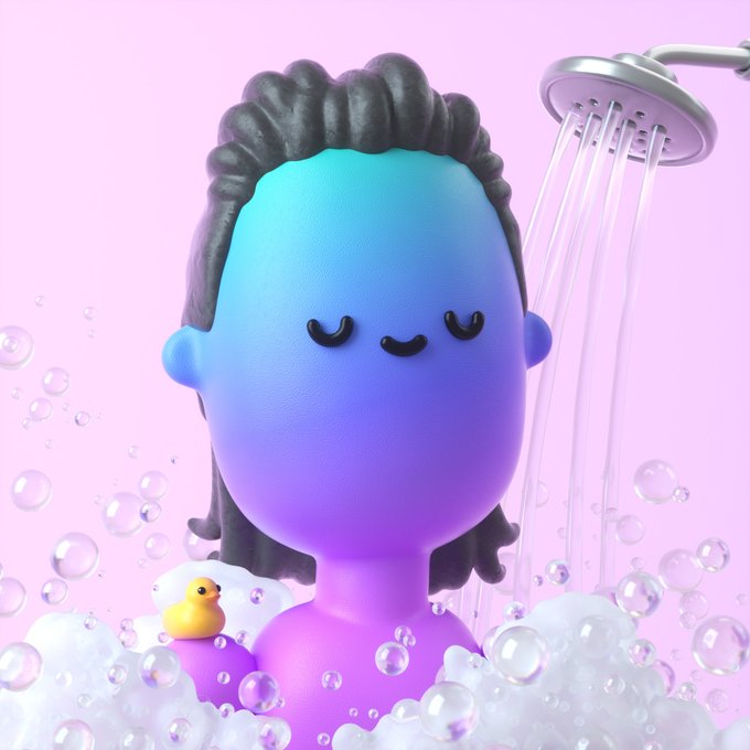 A 3D-rendered character with a blue-to-purple gradient face and black hair relaxes with closed eyes in a bubble bath, a small yellow rubber duck perched on the bubbles while water streams from a showerhead.