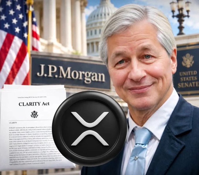 A man in a suit smiles in front of a J.P. Morgan sign and U.S. Capitol building, with a CLARITY Act document and an XRP logo in the foreground.