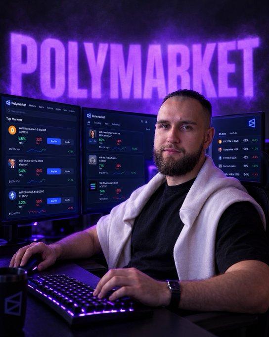 A bearded man sits at a purple-lit gaming setup with multiple monitors displaying Polymarket prediction markets, including bets on the Wild Bitcoin reach $100,000 (68%), 100k Trump win in 2024 (54%), and others showing various percentages and valuations. The image captures the late-night, high-stakes atmosphere of placing crypto-based prediction bets, matching the post's theme of waiting anxiously to see if his morning and evening combinations paid off.