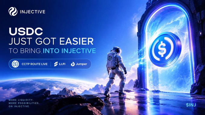 Image 2: A promotional banner for Injective cryptocurrency stating 'USDC JUST GOT EASIER TO BRING INTO INJECTIVE' with text mentioning 'CCTP ROUTE LIVE', 'LL.FI', and 'Jumper'.