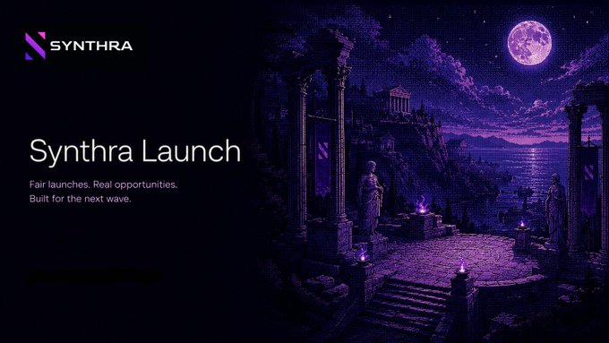 A dark purple-themed promotional banner for 'Synthra Launch' with the tagline 'Fair launches. Real opportunities. Built for the next wave,' set against an illustrated fantasy landscape with ancient ruins and a full moon.