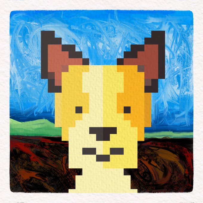 A pixel art painting of a yellow dog's face with brown ears on a blue and green marbled background.