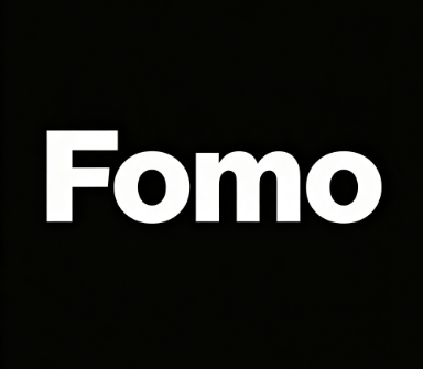 The word "Fomo" is displayed in bold white lowercase letters against a solid black background.