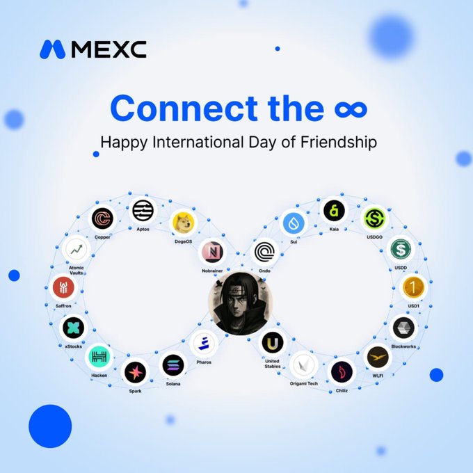 A promotional graphic from MEXC celebrating International Day of Friendship with the headline "Connect the ∞," featuring a network diagram linking various cryptocurrencies (including Sui, Kaia, USDOO, USDD, USD1, Blockworks, WLFI, Chiliz, Origami Tech, United Stables, Phantas, Solana, Spark, Hacken, xStocks, Saffron, Atomic Wallet, Copper, Aplos, DogeOS, Neutramer, and Ondo) arranged in an infinity symbol around a central image of Naruto.

The image ties into the post by symbolizing the connections and relationships formed within the crypto community, mirroring how the author's friendship with MEXC began through shared dialogue and conversation on X Spaces.