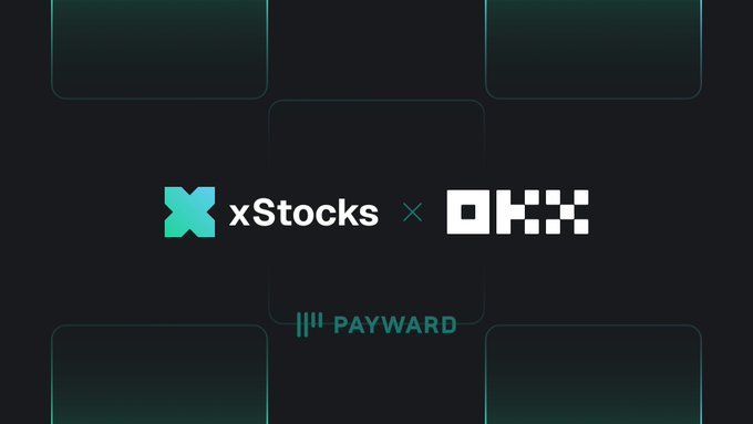 This graphic showcases the partnership between xStocks and OKX, highlighting their joint effort in providing tokenized stock trading. The "PAYWARD" text suggests a connection to payment or financial services within this ecosystem.
