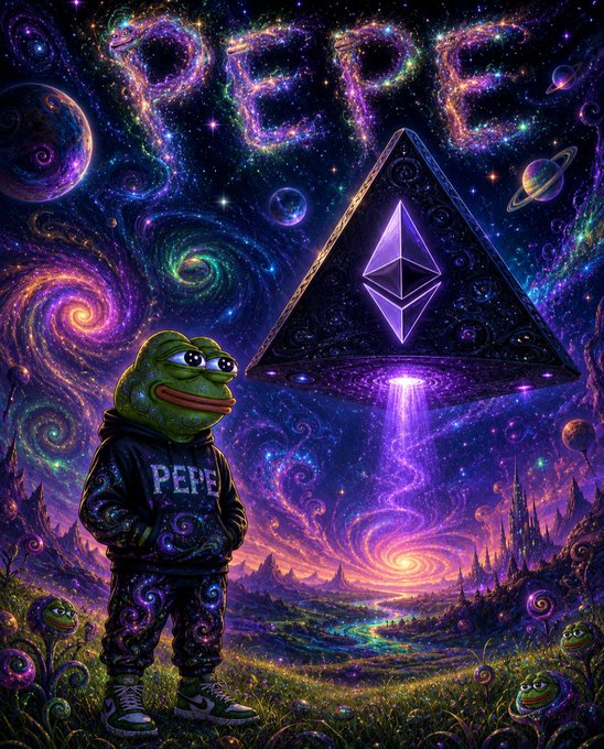 A psychedelic digital artwork shows Pepe the frog in a 'PEPE' hoodie standing before a glowing Ethereum pyramid under a cosmic sky spelling 'PEPE'.