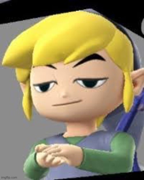 A cartoon character with blonde hair and pointed ears stands with hands clasped, wearing a sly, knowing smile that conveys smug satisfaction. The image perfectly captures a "mood" of quiet confidence or playful self-assurance.