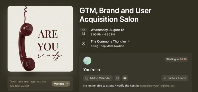 An event listing titled 'GTM, Brand and User Acquisition Salon' on Wednesday, August 12, 2:00 PM - 4:30 PM at The Commons Thonglor in Krung Thep Maha Nakhon, featuring a vintage red telephone graphic and text reading 'ARE YOU ready'.
