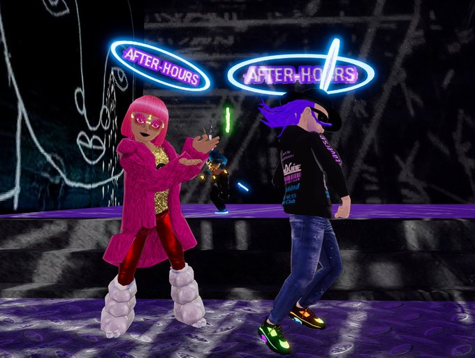 Two virtual avatars dance in a neon-lit club setting with 'AFTER.HOURS' signs overhead; one wears a pink coat with red leggings and white fluffy boots, while the other sports purple hair, a black jacket, and jeans.