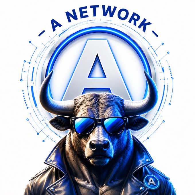 Digital artwork for A NETWORK showing a bull wearing sunglasses and a leather jacket, with a large silver "A" logo and blue circular tech-inspired design in the background.