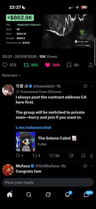 A social media post showing a trading portfolio with +$862.9K PNL (+7266.4% gain), holding $865.6 bought for $553.7K, alongside tweets from @kawaidot announcing a Solana Cabal Telegram group and @SolMufasa congratulating followers.