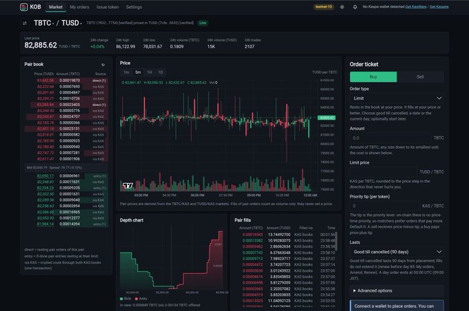 A cryptocurrency exchange interface for the TBDC / TUSD trading pair on KOB shows a current price of 82,885.62, displaying order books, price charts, depth charts, and an order ticket panel on the right.