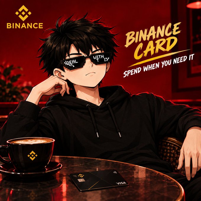 An anime-style promotional image for Binance Card with the tagline "SPEND WHEN YOU NEED IT," depicting a young man with spiky black hair wearing pixelated sunglasses, sitting at a table with a coffee cup and a black Visa Binance card.