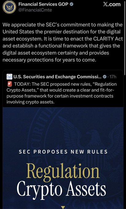 A tweet from "Financial Services GOP" (@FinancialCmte) praises the SEC's new "Regulation Crypto Assets" proposal and calls for the enactment of the CLARITY Act to provide regulatory certainty for digital assets. The graphic features an eagle seal and bold gold/white text reading "SEC PROPOSES NEW RULES - Regulation Crypto Assets," directly illustrating the GOP committee's push for Congress to act on crypto legislation.