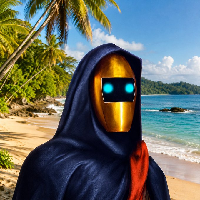 A figure wearing a dark hooded cloak and a gold metallic mask with glowing cyan eyes, standing on a tropical beach with palm trees and turquoise water.