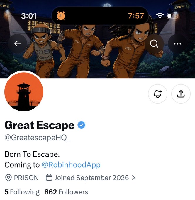 A Twitter/X profile page for "Great Escape" (@GreatescapeHQ_) shows a verified account with 862 followers, featuring a banner of three cartoon prisoners running from a prison. The bio reads "Born To Escape. Coming to @RobinhoodApp" with the location listed as "PRISON," and the profile picture depicts a guard tower silhouette against an orange sunset, matching the post's description of a prison/escape-themed meme token on the Robinhood blockchain.
