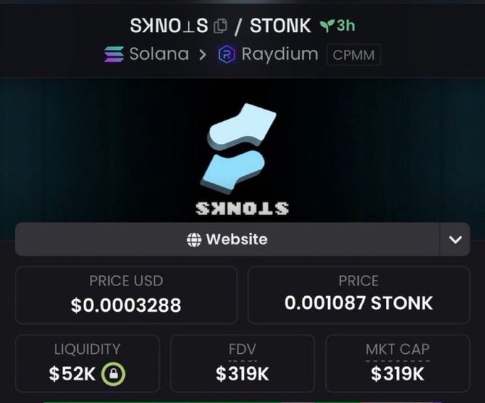 A screenshot of a token page showing '$STONKS' on Solana/Raydium with a price of $0.0003288 USD and a market cap of $319K.