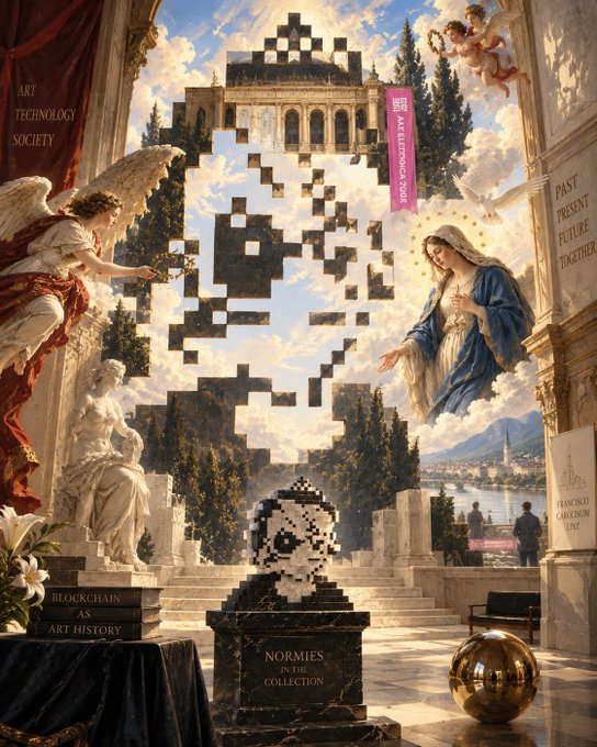 A Baroque-style digital artwork featuring classical religious figures, cherubs, and architectural elements, overlaid with a large central QR code-like pattern. Text includes 'ART TECHNOLOGY SOCIETY', 'PAST PRESENT FUTURE TOGETHER', 'BLOCKCHAIN AS ART HISTORY', and 'NORMIES IN THE COLLECTION'.