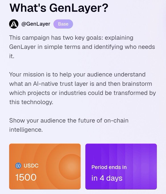 The image shows an email from GenLayer, which is a decentralized AI coordination layer designed for blockchain applications. The email contains information about the GenLayer platform and its features, such as the ability to interpret outcomes and make intelligent decisions based on data. The email also includes a link to a USDC account, suggesting that users can access the platform or purchase tokens using this account.
