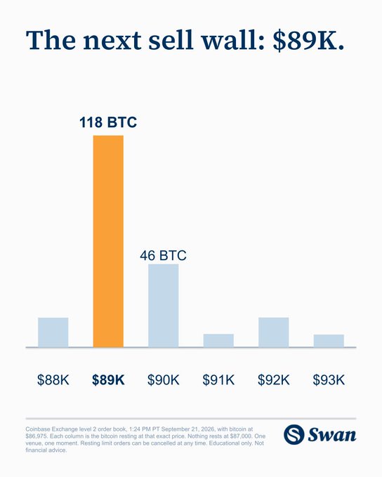 A bar chart titled "The next sell wall: $89K" from Swan shows BTC resting orders at price levels from $88K to $93K, with the largest being 118 BTC at $89K.