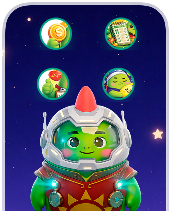 A 3D animated green character wearing a futuristic space helmet with a red crest and armor stands against a starry purple background, with four circular icons above showing game-related imagery including coins and a clipboard.