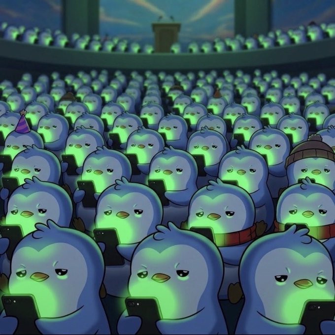An animated scene showing a vast crowd of penguins wearing winter hats and scarves, all staring down at their glowing phones with tired expressions in a stadium-like setting.