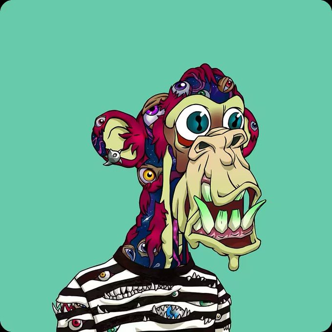 A surreal digital illustration of a creature with a yellow, ape-like face, sharp teeth, drooling mouth, and a body covered in eyeballs, wearing a striped shirt against a mint green background.