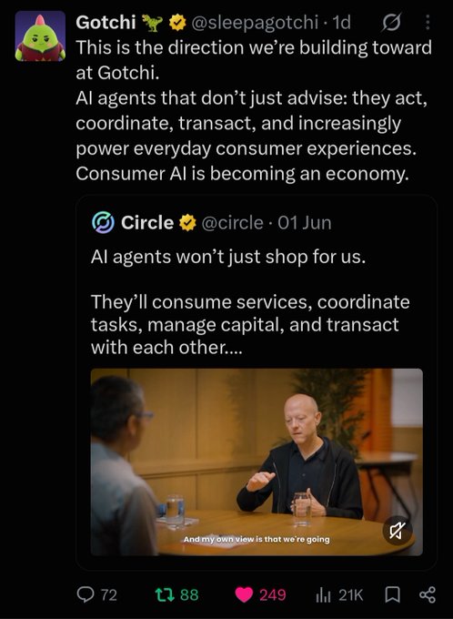 A Twitter/X post by @sleepagotchi (Gotchi) quotes Circle (@circle) from June 1, discussing how AI agents will 'consume services, coordinate tasks, manage capital, and transact with each other' as part of a growing Consumer AI economy, featuring an image of a man being interviewed.