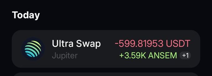 A mobile app screenshot showing a 'Today' transaction summary for an 'Ultra Swap' on Jupiter, displaying a loss of -599.81953 USDT and a gain of +3.59K ANSEM.