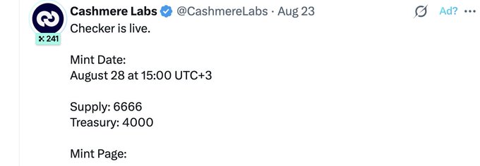 A tweet from @CashmereLabs dated August 23 announces "Checker is live" with a mint date of August 28 at 15:00 UTC+3, a total supply of 6,666, and a treasury allocation of 4,000. The image provides the data backing the user's confusion about why 4,000 of the 6,666 pieces are held in treasury—roughly 60% of the supply—leaving only a small fraction available for public minting.