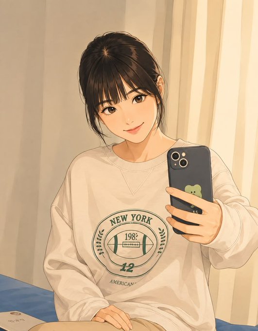 An anime-style illustration of a smiling girl with dark hair taking a mirror selfie with her phone, wearing a 'New York 1985' sweatshirt.